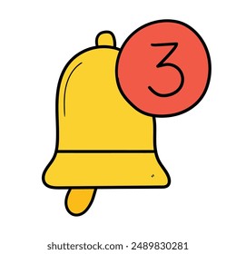 Icono de campana de notificación de dibujos animados dibujado a mano aislado sobre fondo blanco. Ilustración vectorial.