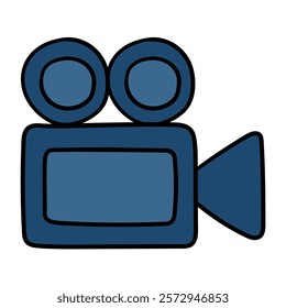 Hand drawn cartoon old blue movie camera icon isolated on white background. Vector illustration.