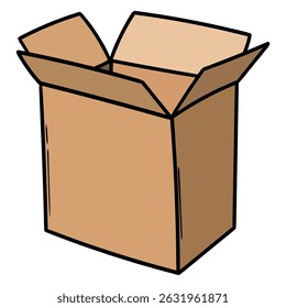 Hand drawn cartoon open cardboard box isolated on white background. Vector illustration.