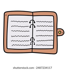 Hand drawn cartoon open notebook isolated on white background. Vector illustration.