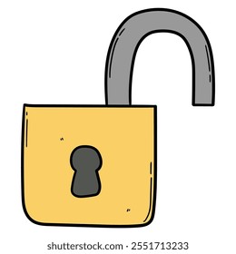 Candado abierto dibujado a mano de la historieta aislado en el fondo blanco. Ilustración vectorial.