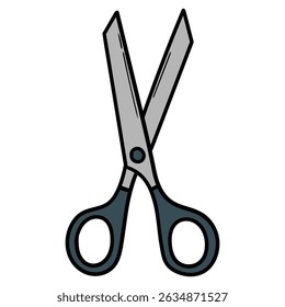 Tesoura aberta desenhada à mão desenhada em desenho animado isolado no fundo branco. Ilustração vetorial.