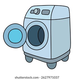 Hand drawn cartoon open washing machine isolated on white background. Vector illustration.