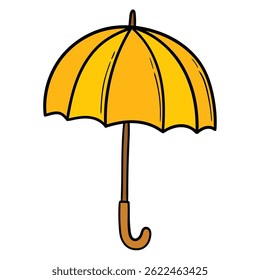 Hand drawn cartoon open yellow umbrella isolated on white background. Vector illustration.
