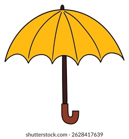 Hand drawn cartoon open yellow umbrella isolated on white background. Vector illustration.