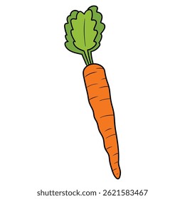 Hand drawn cartoon orange carrot with green leaf isolated on white background. Vector illustration.