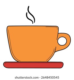 Hand drawn cartoon orange cup of tea or coffee on a red saucer isolated on white background. Vector illustration.