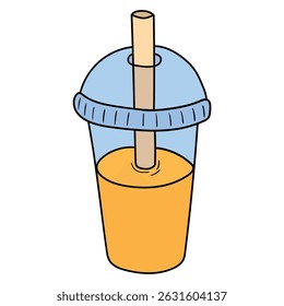 Hand drawn cartoon orange juice in a disposable transparent cup with a straw isolated on white background. Vector illustration.