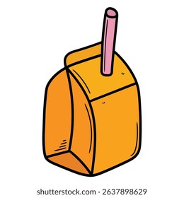 Hand drawn cartoon orange juice package with straw isolated on white background. Vector illustration.