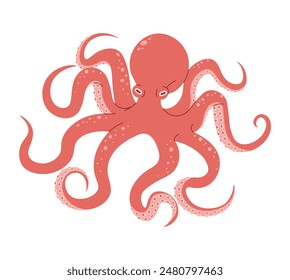 Hand drawn cartoon orange octopus. Vector illustration of sea animal in doodle style. Suitable for decoration, sticker design