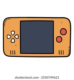 Hand drawn cartoon orange retro video game console isolated on white background. Vector illustration.