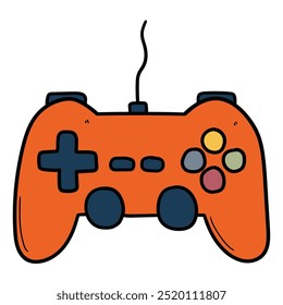 Hand drawn cartoon orange video game joystick isolated on white background. Vector illustration.