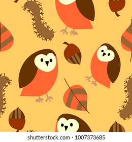 Hand drawn cartoon owl with various fall elements of leaves, acorns, and centipede caterpillar bugs seamless repeating background
