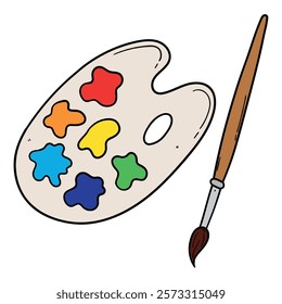 Hand drawn cartoon paintbrush and palette isolated on white background. Vector illustration.