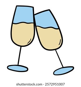 Hand drawn cartoon pair of champagne glasses icon isolated on white background. Vector illustration.