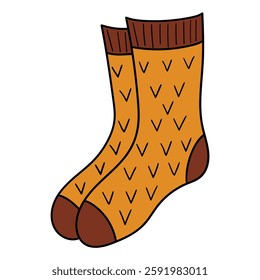 Hand drawn cartoon pair of warm orange socks isolated on white background. Warm comfortable clothes for winter and autumn. Vector illustration.