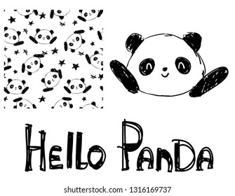Hand drawn cartoon Panda Bear. Vector illustration. Trend design print.