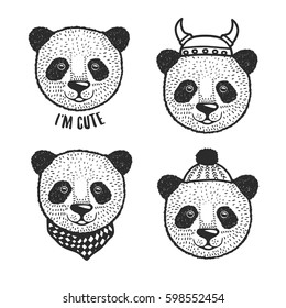 Hand drawn cartoon panda head prints set. Cute hand crafted design elements for apparel prints, posters, wall decor. Vector vintage illustration.