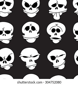 Hand drawn cartoon pattern of skulls.