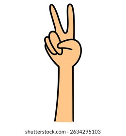 Hand drawn cartoon peace hand sign isolated on white background. Vector illustration.