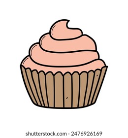 Hand drawn cartoon peach cupcake isolated on white background. Vector illustration.