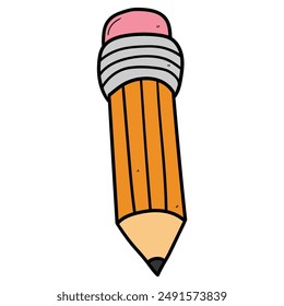 Hand drawn cartoon pencil with eraser isolated on white background. Vector illustration.