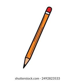 Hand drawn cartoon pencil with eraser isolated on white background. Vector illustration.