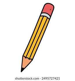 Hand drawn cartoon pencil with eraser isolated on white background. Vector illustration.