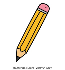 Hand drawn cartoon pencil with eraser isolated on white background. Vector illustration.