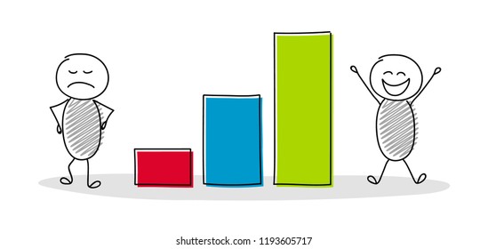 Hand drawn cartoon people showing column chart. Vector.