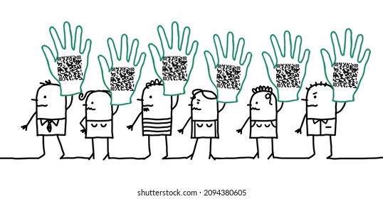 Hand drawn Cartoon People showing QR code in their raised Hands