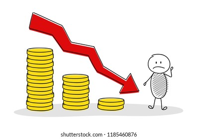 Hand drawn cartoon person with coin stacks chart. Vector.