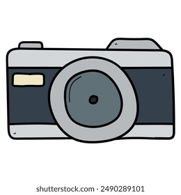 Cámara de dibujos animados dibujada a mano aislada sobre fondo blanco. Ilustración vectorial.