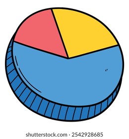 Hand drawn cartoon pie chart with three colored segments isolated on a white background. Vector illustration.