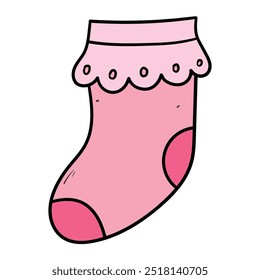 Hand drawn cartoon pink baby girl sock isolated on white background. Vector illustration.