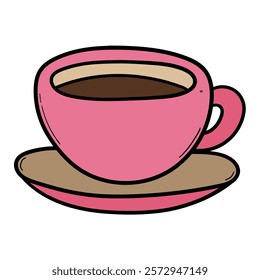 Hand drawn cartoon pink coffee cup on a saucer isolated on white background. Vector illustration.