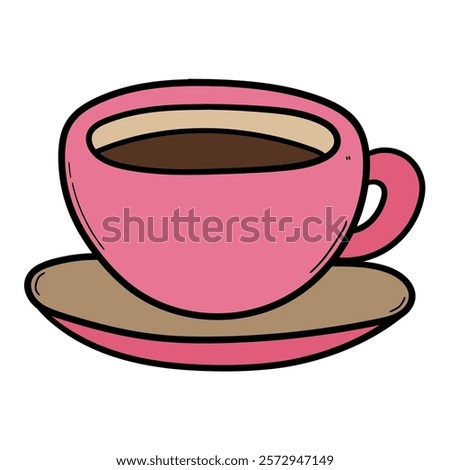 Hand drawn cartoon pink coffee cup on a saucer isolated on white background. Vector illustration.