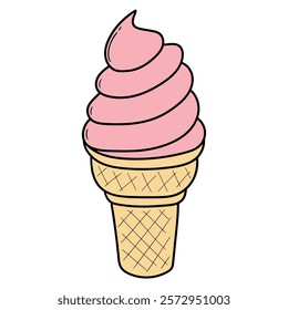 Hand drawn cartoon pink ice cream in a waffle cone isolated on a white background. Vector illustration.