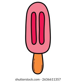 Hand drawn cartoon pink ice cream on stick isolated on white background. Vector illustration.