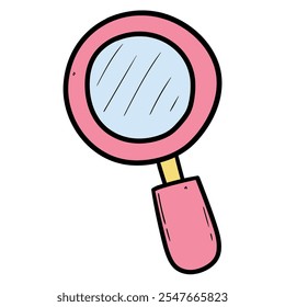 Hand drawn cartoon pink magnifying glass isolated on white background. Vector illustration.