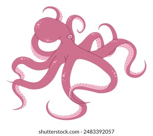 Hand drawn cartoon pink octopus. Vector illustration of sea animal in doodle style. Suitable for decoration, sticker design
