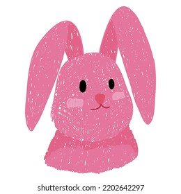 Hand drawn cartoon pink rabbit. Color pencil effect. Vector illustration for kids.