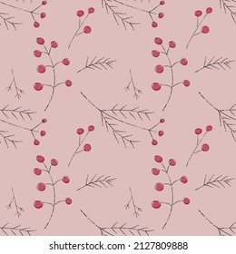 Hand drawn cartoon pink seamless pattern with berries. Branches of plants with linear stroke. Botanical surface print design for apparel, textile, fabric, giftwrap, wrapping paper, wallpaper, package