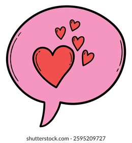 Hand drawn cartoon pink speech bubble with red hearts isolated on white background. Vector illustration.