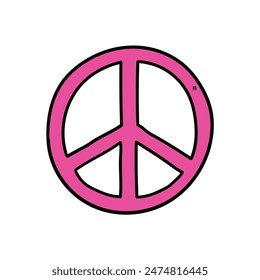 Hand drawn cartoon pink symbol of peace and hippie isolated on white background. Vector illustration.