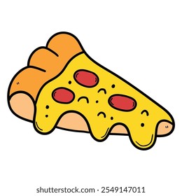 Fatia desenhada à mão de pizza de desenho animado com queijo derretido isolado no fundo branco. Ilustração vetorial.