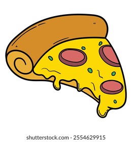 Hand drawn cartoon pizza slice isolated on white background. Vector illustration.