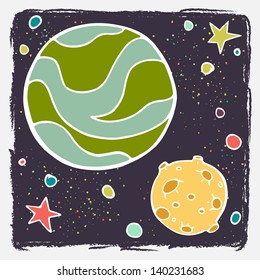 Hand drawn cartoon planet, it's moon and stars. Cartoon Earth and the Moon. Childish doodle space illustration. Vector illustration.