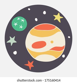 Hand drawn cartoon planet, it's moon and stars. Cartoon Jupiter and Callisto. Childish doodle space illustration. Flat icon design.