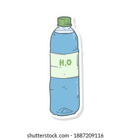 Hand Drawn Cartoon Plastic Bottle Sticker With H2O Text